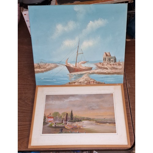 183 - 50.5 x 36.5 cm framed and mounted moored boats and 51 x 40.5 cm box canvas boat/jetty scene painting... 