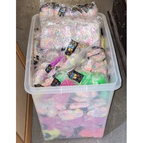 184 - Large plastic storage tub of new packs of assorted colour loom bands