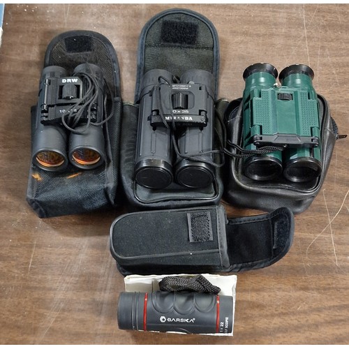 298 - 3 x pairs of binoculars and 1 x monocular in soft cases - All proceeds from this lot go to NSPCC