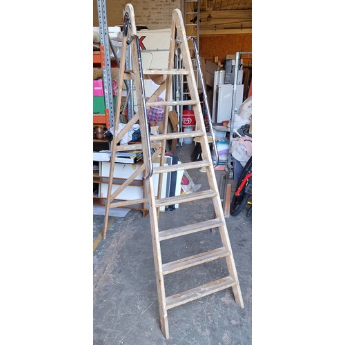 113 - 8 rung old wooden platform step ladder with support handles