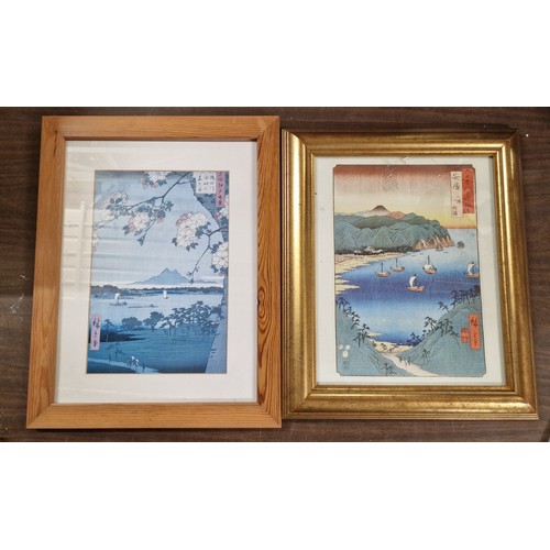 169 - 36.5 x 46.5 cm pine framed and mounted & other 36.5 x 43 cm gilt framed Japanese picture prints