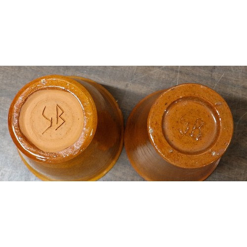 16 - 10.5 and 11.5 cm studio pottery pots, initialled on base SB