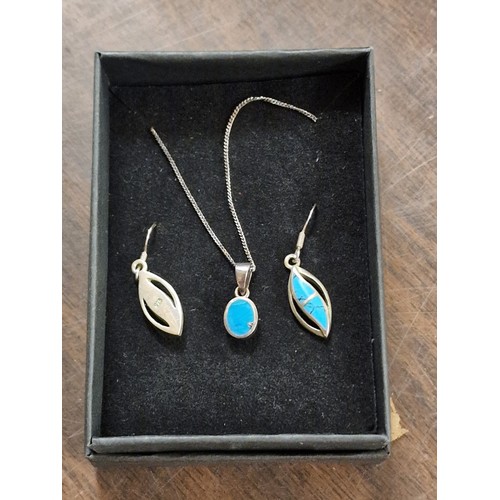 301 - 925 silver and turquoise stone pendant necklace and matching earrings