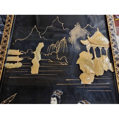 5 - 40 x 90 cm Japanese lacquered wall panel decoration with shell and mother of pearl raised detail