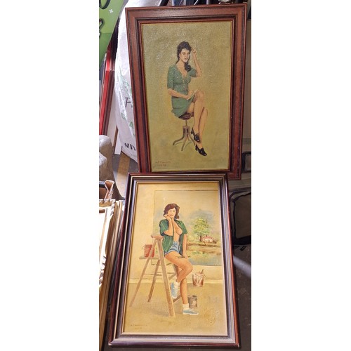 298 - 37 X 57 & 34.5 x 54.5 cm framed female study paintings on board by AE HAWORTH dated 1972