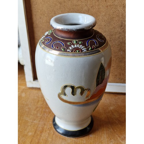 4 - Trio of Japanese Oriental vases and small pot with corked lid - blue and white is 9