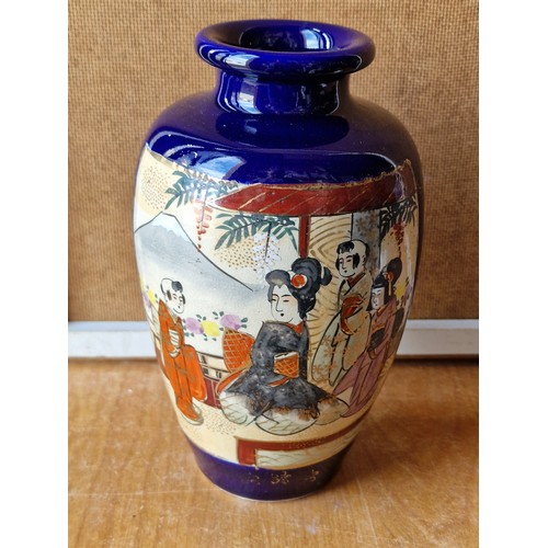 4 - Trio of Japanese Oriental vases and small pot with corked lid - blue and white is 9