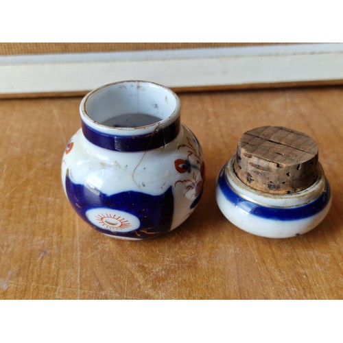 4 - Trio of Japanese Oriental vases and small pot with corked lid - blue and white is 9