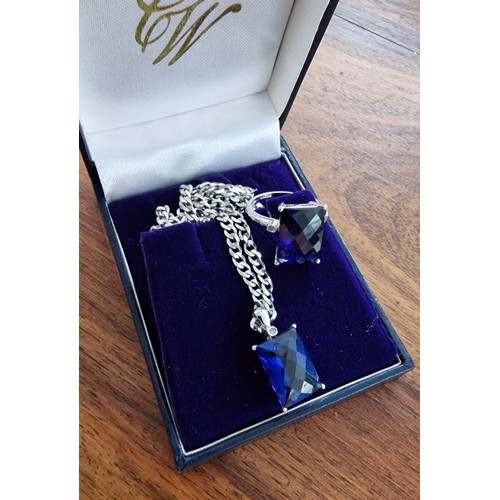 57 - Hallmarked 9 ct white gold chain with large tanzanite jewel pendant and matching ring size P1/2 - 13... 