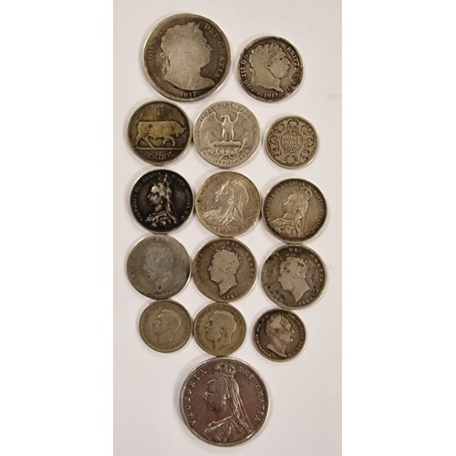 82 - Small bundle of assorted mostly UK silver coinage including Victorian half crown in VG condition, Ge... 