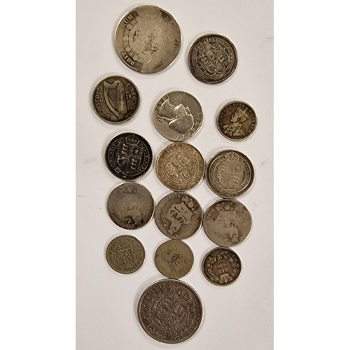 82 - Small bundle of assorted mostly UK silver coinage including Victorian half crown in VG condition, Ge... 