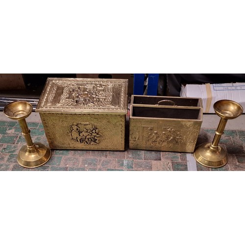 169 - Brass coal/log box, similar magazine rack and heavy brass pair of large candlesticks - tops are loos... 