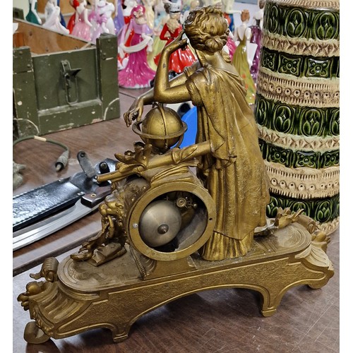 15 - 41 cm wide and 40 cm tall French gilt spelter figural mantle clock - crack full length of face and n... 