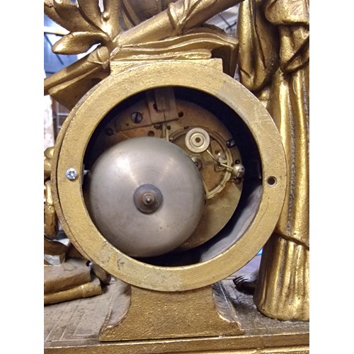 15 - 41 cm wide and 40 cm tall French gilt spelter figural mantle clock - crack full length of face and n... 