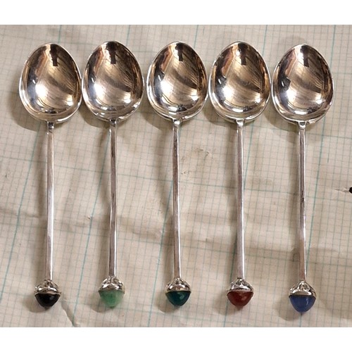 81 - Set of 5 x 1929 Birmingham hallmarked silver teaspoons with harlequin gem stone tops