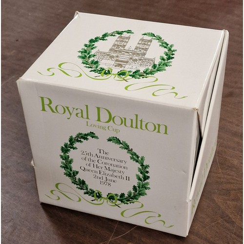 26 - Boxed and mint Royal Doulton 1978 commemorative twin handle loving cup