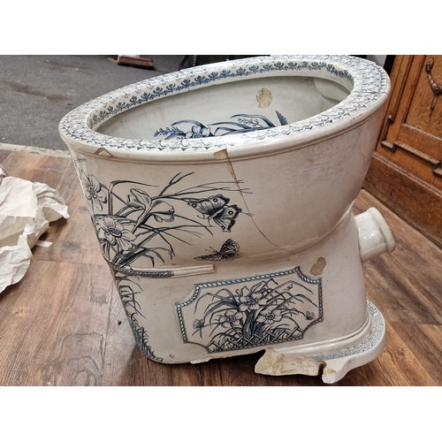 23 - Victorian 'TRENT' toilet basin with blue and white bird and flowers picture decoration - damage as s... 