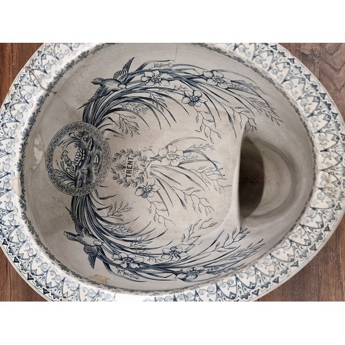 23 - Victorian 'TRENT' toilet basin with blue and white bird and flowers picture decoration - damage as s... 