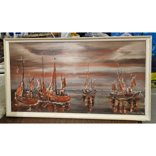 181 - 80 x 44.5 cm large framed painting on canvas, anchored fishing boats scene, signed Montague De Vere ... 