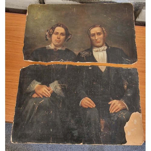 207 - 18th century man and woman painting on board, unfortunately in 2 pieces and corner missing