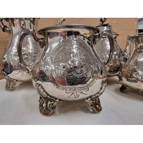 104 - Silver plated old tea service with ornate raised patterning