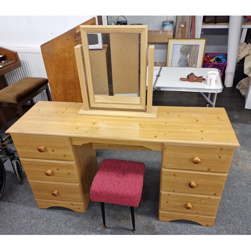 88 - 140 x 47 x 75 cm 6 drawer pine look dressing table with stool and mirror