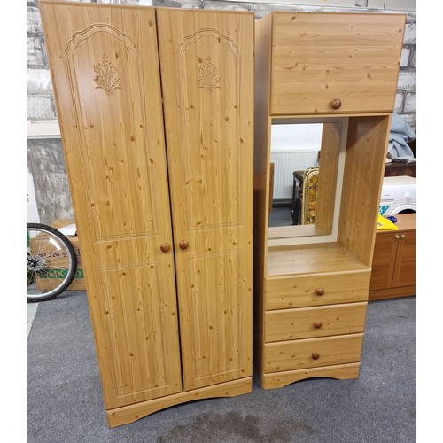 153 - 80 x 55 x 192 cm pine look double door wardrobe & 60 x 44 x 192 cm 3 drawer mirrored bedroom unit wi... 