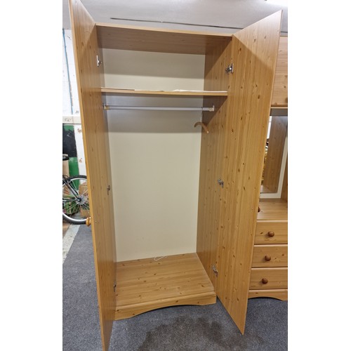 153 - 80 x 55 x 192 cm pine look double door wardrobe & 60 x 44 x 192 cm 3 drawer mirrored bedroom unit wi... 
