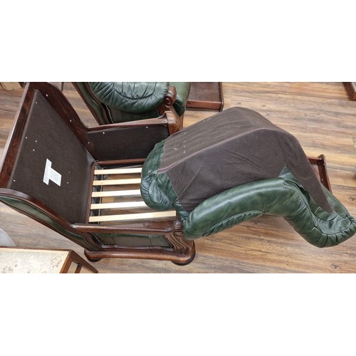 170 - Wooden and Italian leather 2005 Belgian made racing green 2 seater couch with drawer, armchair with ... 