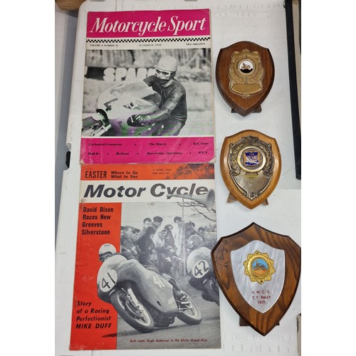 130 - 1963 and 1968 motor bike magazines and 3 x vintage motor cycle club TT Rally presentation plaques