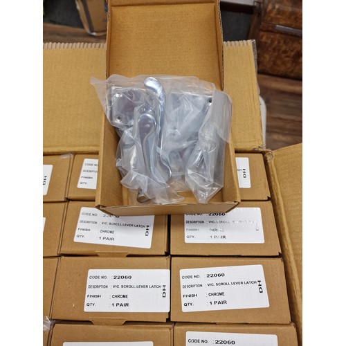 64 - 6 x new and boxed pairs of chrome vic. scroll lever latch door handles
