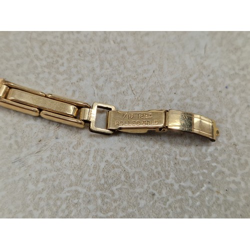 20 - Non-working ladies 9 ct gold cased wrist watch with ornate 1/10 12 ct rolled gold bracelet strap - g... 