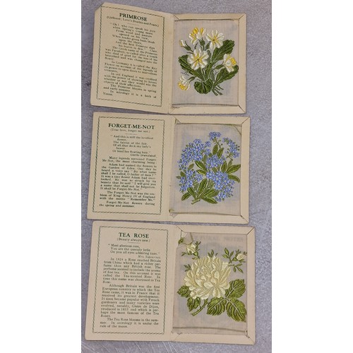 134 - 3 x vintage Kensitas cigarettes silk flowers in information sleeves - tea rose, primrose and forget-... 