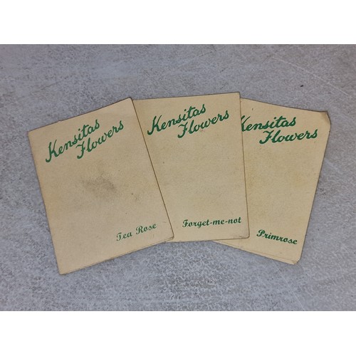 134 - 3 x vintage Kensitas cigarettes silk flowers in information sleeves - tea rose, primrose and forget-... 