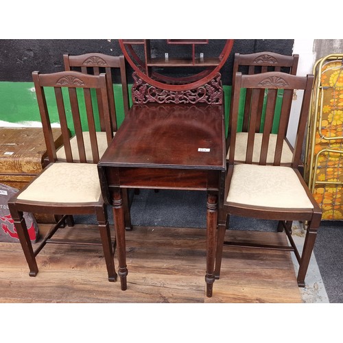 169 - 19th century mahogany drop leaf dining table with cutlery/utensil drawer and 4 x carved back chairs