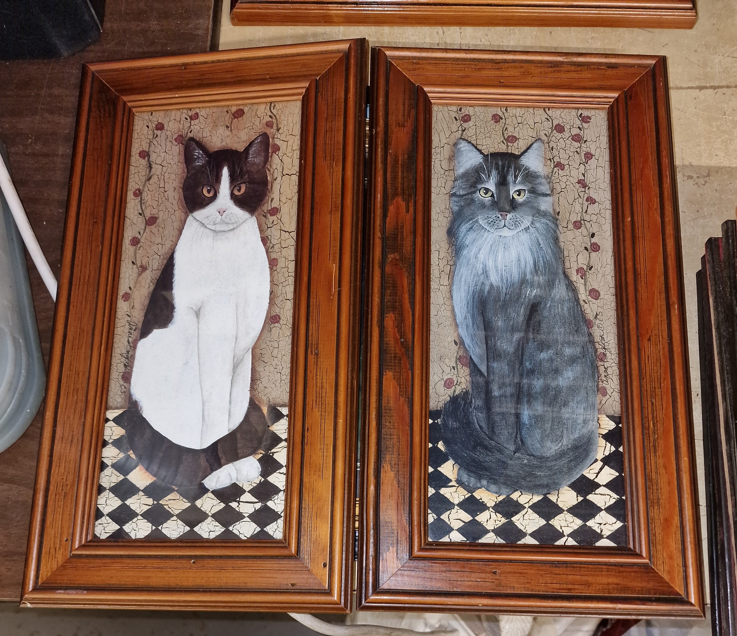 Pair of 20.5 x 38 cm framed cat prints after original ANNE