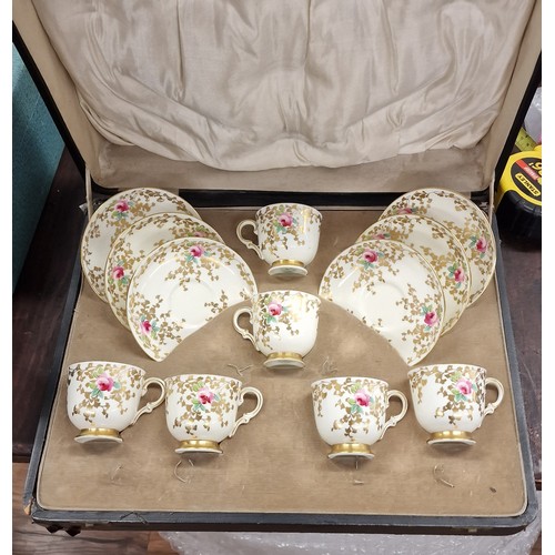 141 - Old Tuscan china set of 6 x cups and saucers (1 cup with rough glued repair) in original case