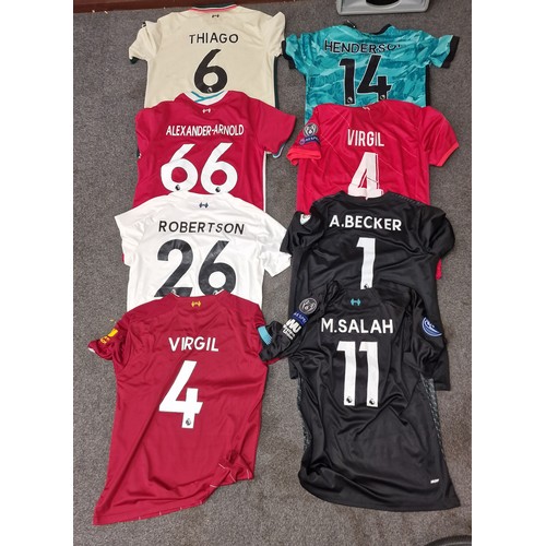 159 - Collection of assorted size and style Liverpool FC replica football shirts, with names and numbers o... 