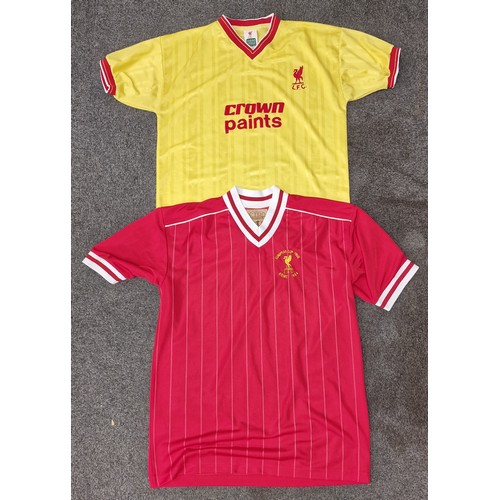 235 - 2 x official retro Liverpool FC replica football shirts - yellow Crown Paints size L & 1984 European... 