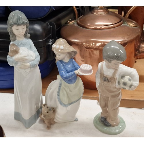 127 - Trio of Nao figures being 24 cm tall girl holding dog, girl holding cake and boy holding football