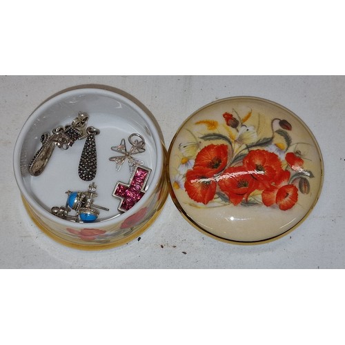 349 - Ayshford china trinket pot with assorted silver earrings and pendants