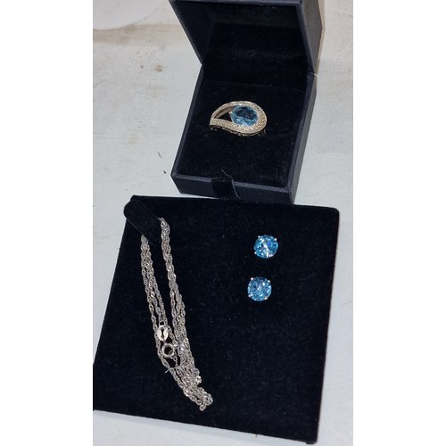 351 - 925 blue CZ necklace, ring and earring set