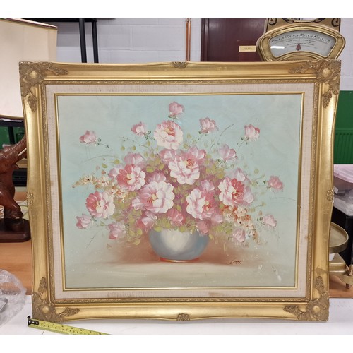 312 - 75 x 65 cm framed flowers in bowl still life painting on canvas by ROBERT COX