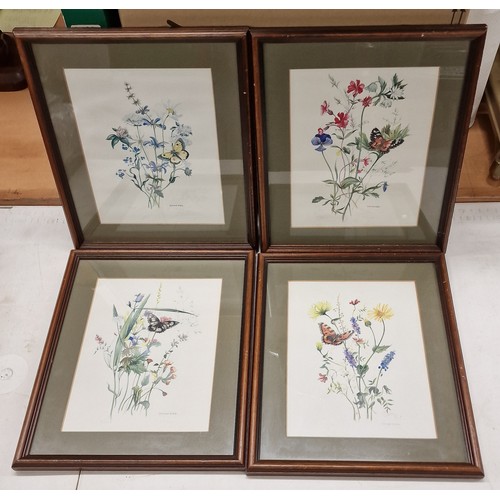 29 - Set of 4 x pencil signed 27.5 x 33 cm framed and mounted wild flower and butterfly, limited edition ... 