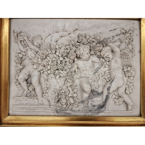 290 - 1892 66.5 x 57 cm very thick ornate gilt framed baroque marble relief cherubs plaque with bronze med... 