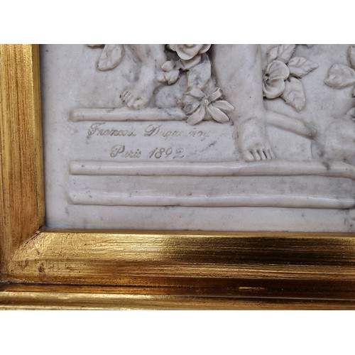 290 - 1892 66.5 x 57 cm very thick ornate gilt framed baroque marble relief cherubs plaque with bronze med... 