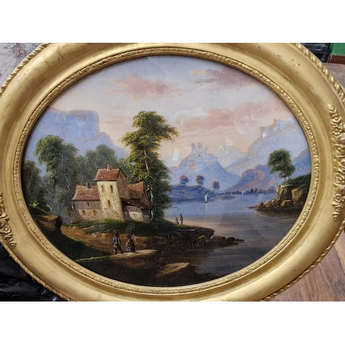 298 - Pair of 59 x 51.5 cm vintage gilt oval framed lake scene paintings, no visible signature