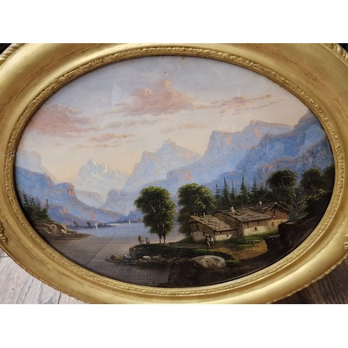 298 - Pair of 59 x 51.5 cm vintage gilt oval framed lake scene paintings, no visible signature