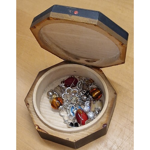 230 - Octagonal small wooden trinket box with 12 x pairs of assorted earrings, including some silver