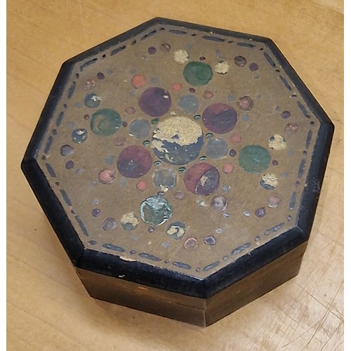 230 - Octagonal small wooden trinket box with 12 x pairs of assorted earrings, including some silver